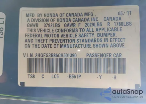 2012 Honda Civic Ex from USA, damaged, VIN 2HGFG3B86CH501390